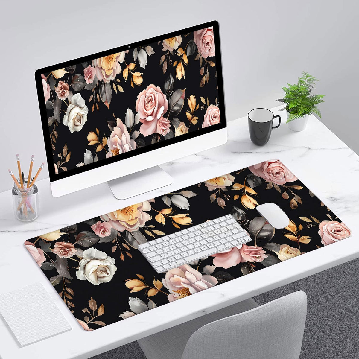 Peony Flowers Gaming Mouse Pad Pink Flowers Extended Gaming Mouse Pad Mat with Stitched Edge