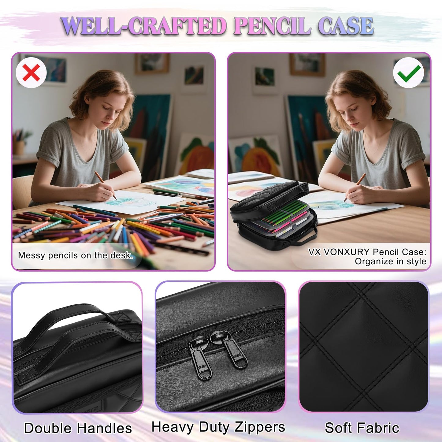 VX VONXURY Pencil Case, Large Capacity Pencil Pouch Portable Cosmetic Bag with 2 Detachable Layers