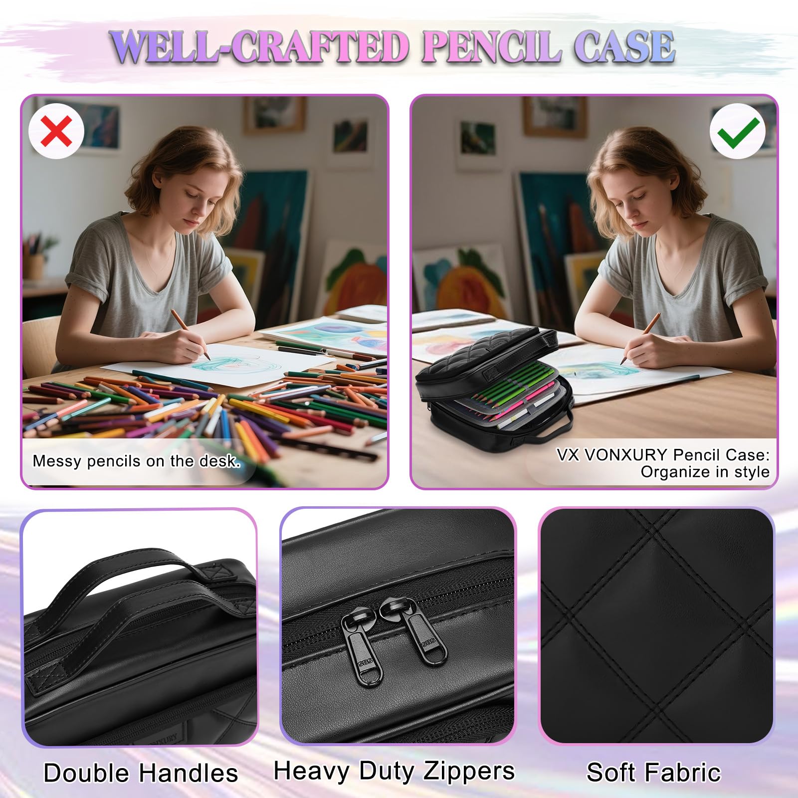 VX VONXURY Pencil Case, Large Capacity Pencil Pouch Portable Cosmetic Bag with 2 Detachable Layers