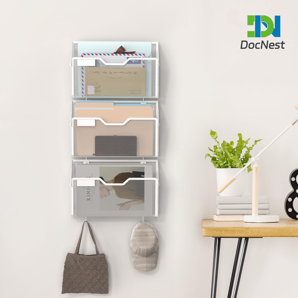 Docnest 3 Pack Mesh Wall File Holders with Hooks for Mail, White