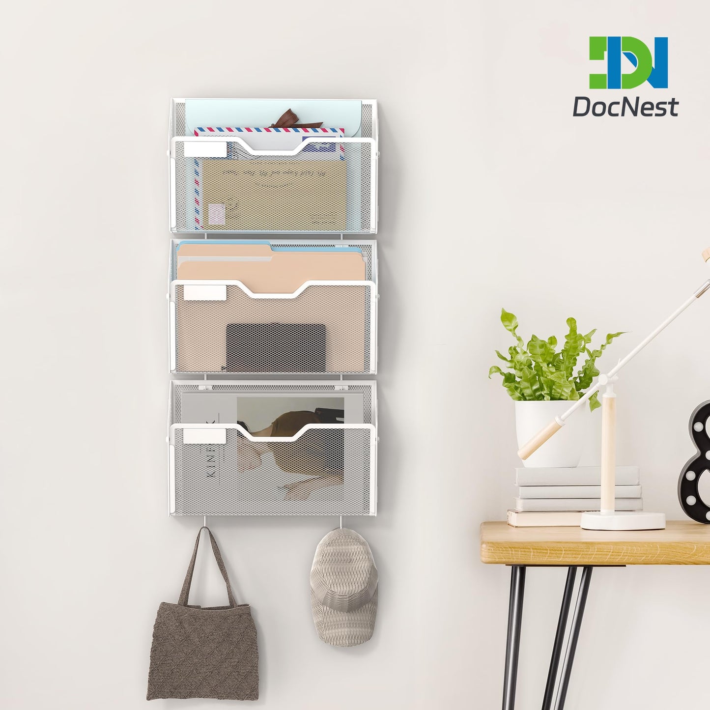Docnest 6 Pack Mesh Wall File Holders with Hooks for Mail, White
