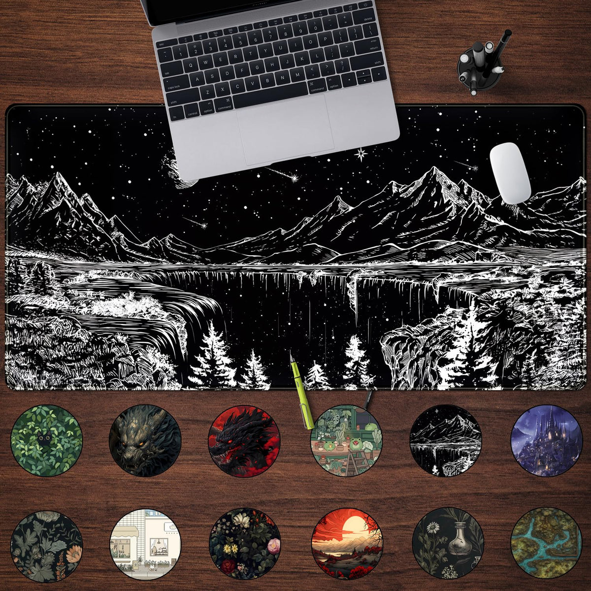 Black and White Desk Mat Dark Nature Forest Mouse pad XXL Starry Night Mountain Desk pad Aesthetic