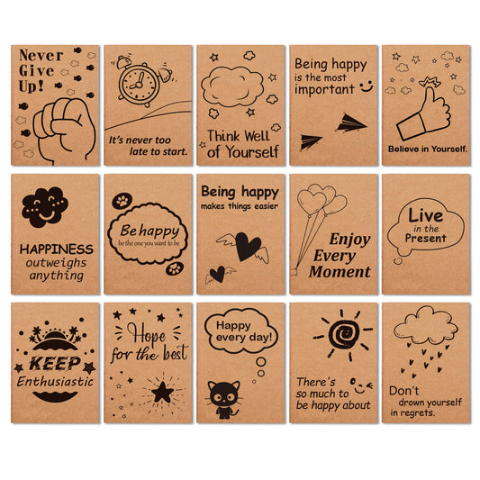 feela 15 Pack A6 Kraft Notebooks, 15 Designs Cute Mini Pocket Notebooks and Journals, Lined