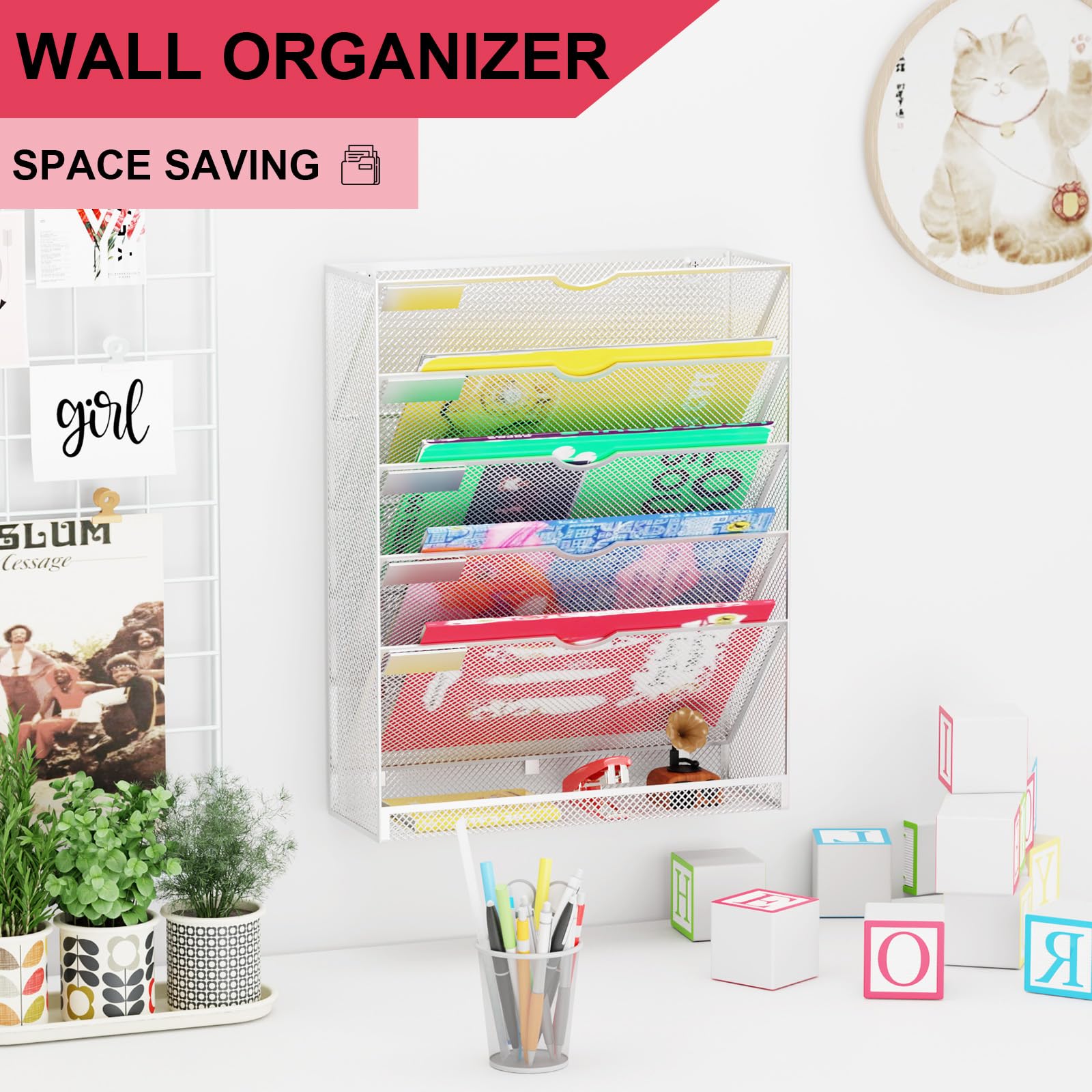 GDINDINFAN Hanging Wall File Organizer 6 Tier Wall Mounted File Holder Document Wall Organizer