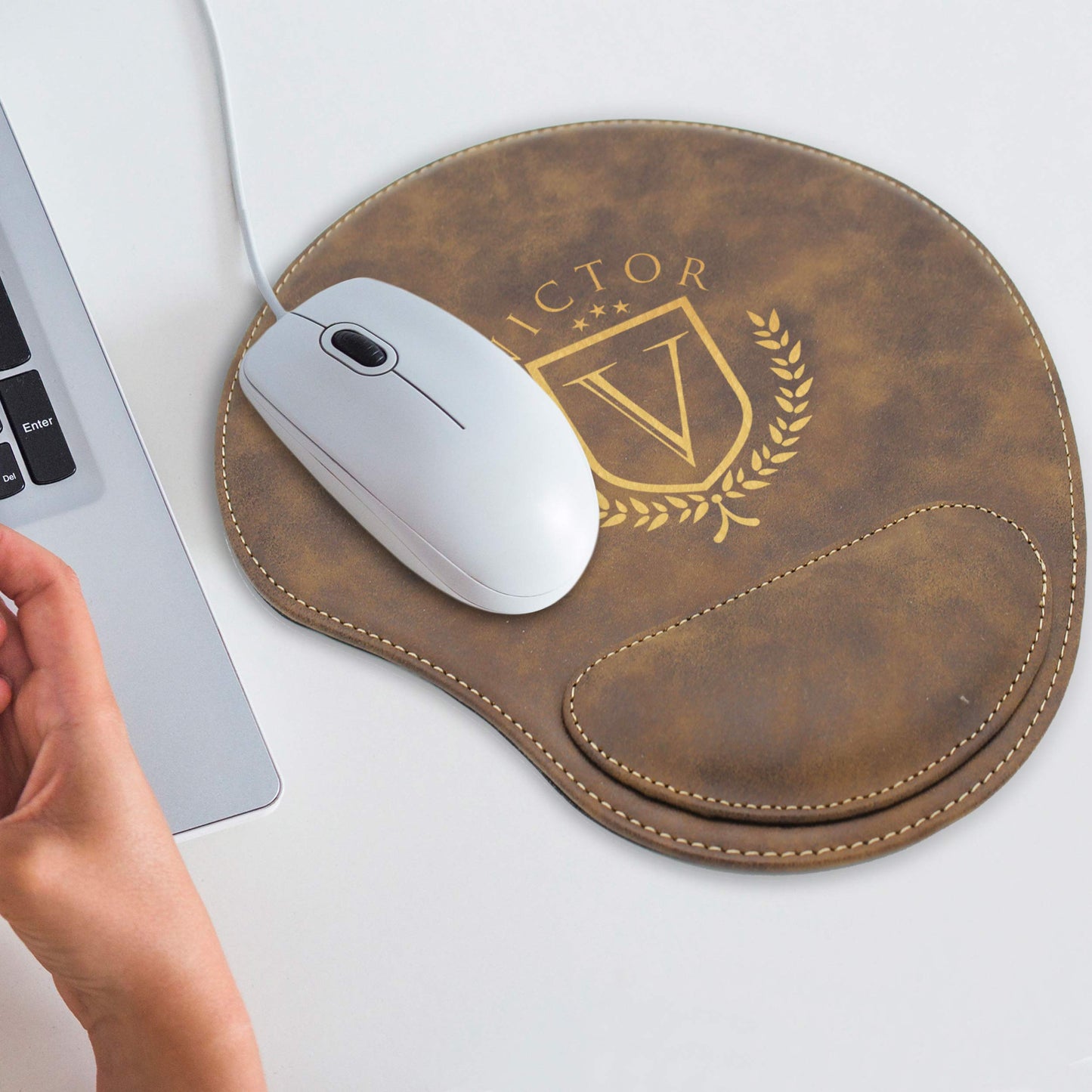 Custom Engraved and Personalized Mouse Pad with Wrist Rest Desk Accessories (Rawhide)