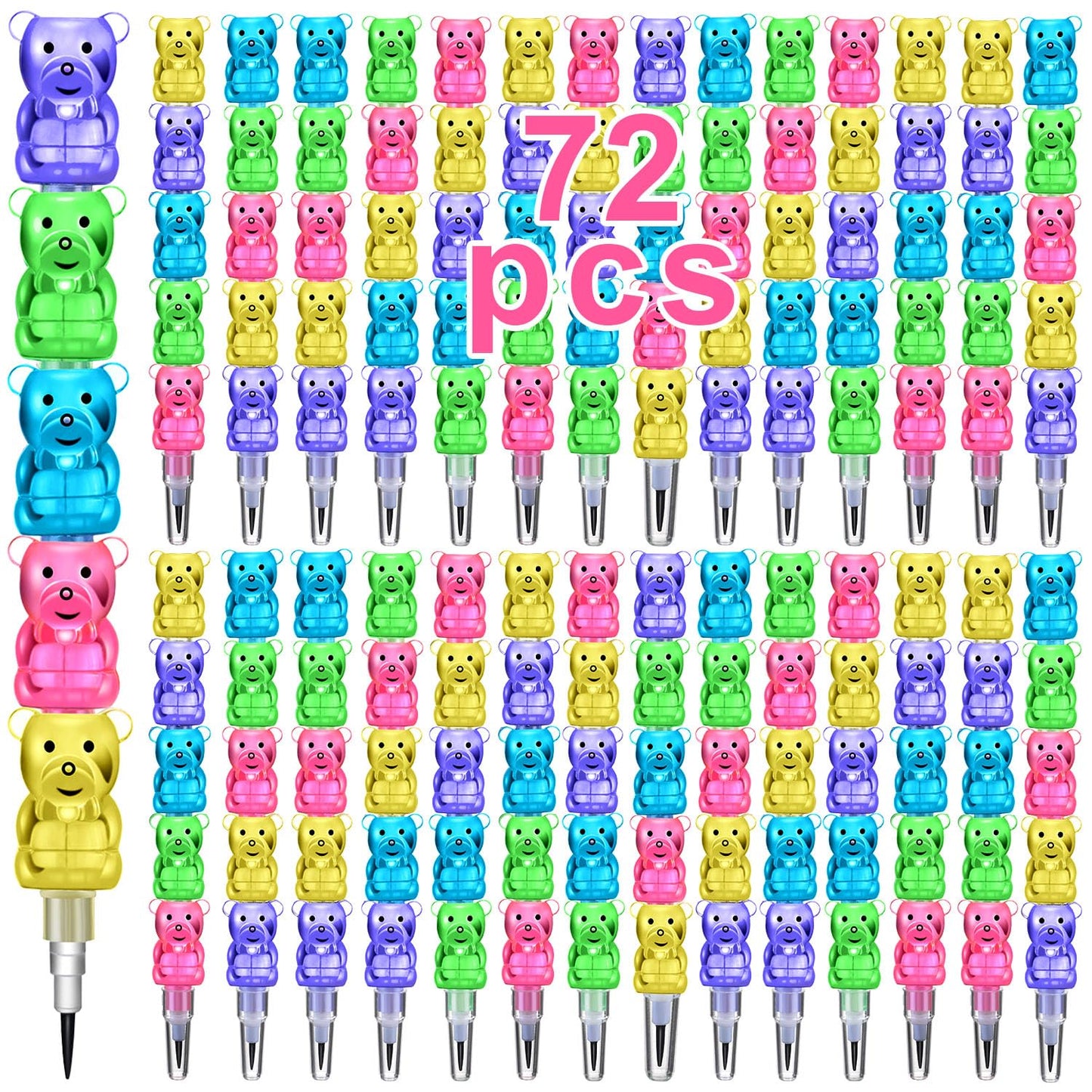 Boao 72 Pcs Bear Stackable Pencils for Kids 5-in-1 Plastic Stackable Pencil