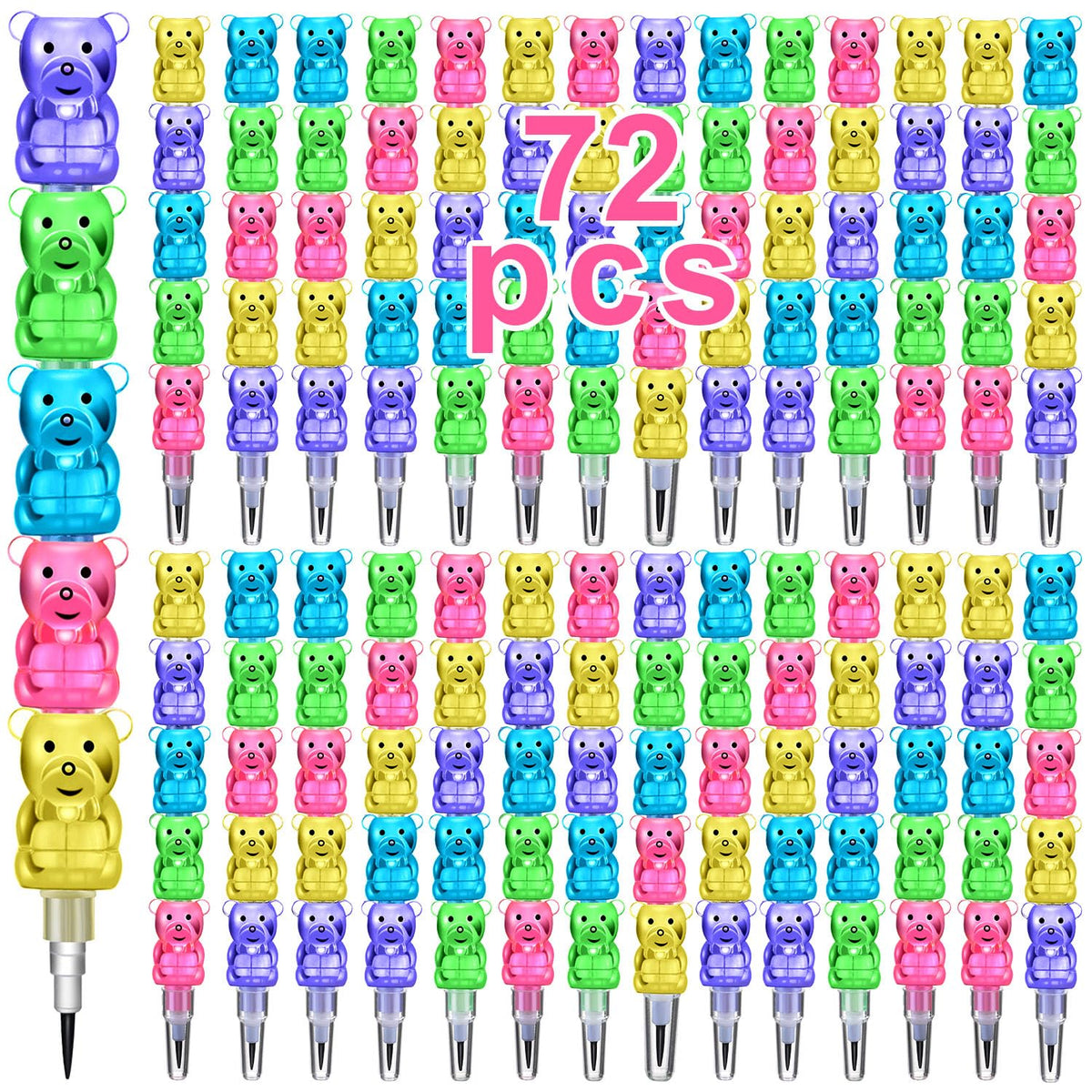 Boao 72 Pcs Bear Stackable Pencils for Kids 5-in-1 Plastic Stackable Pencil