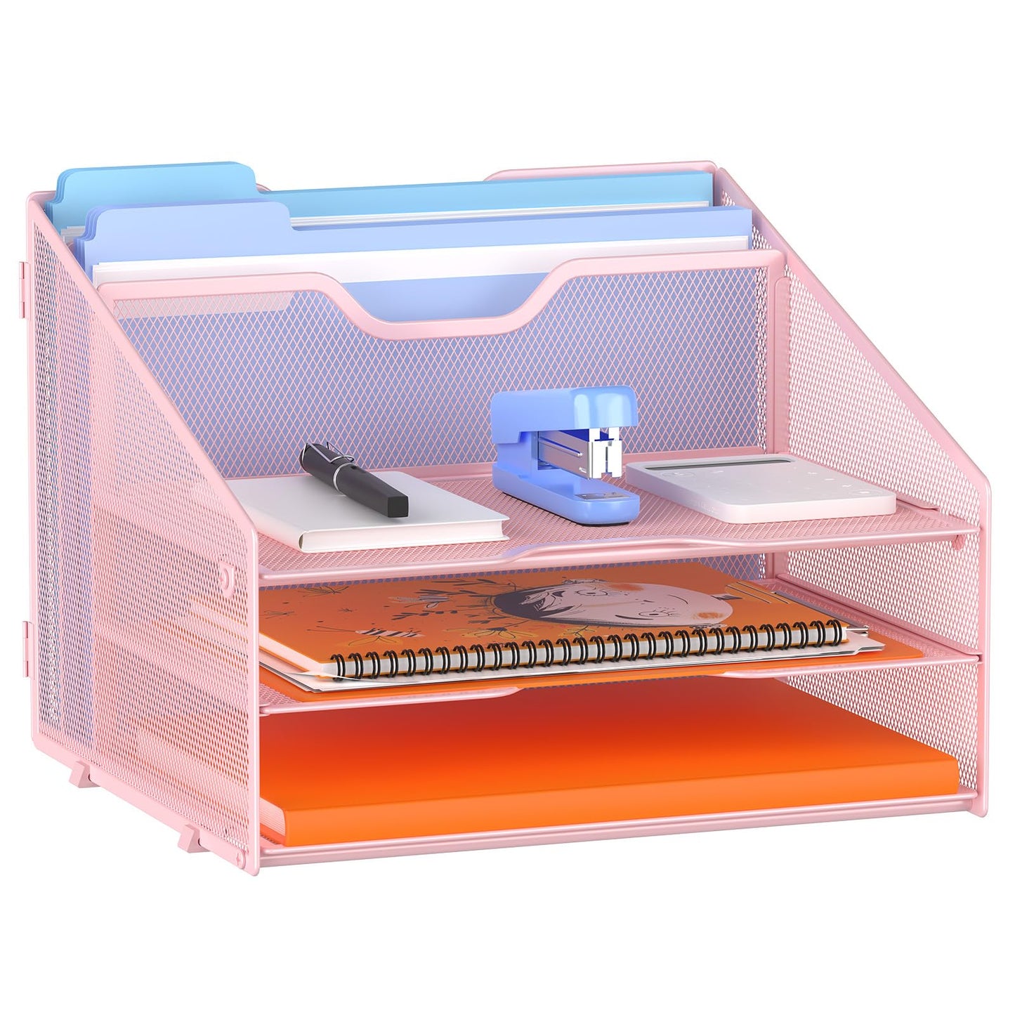 GAWERK Letter Tray Organizer, Mesh Desk File Organizer with 3 Paper Trays and 2 Vertical Upright