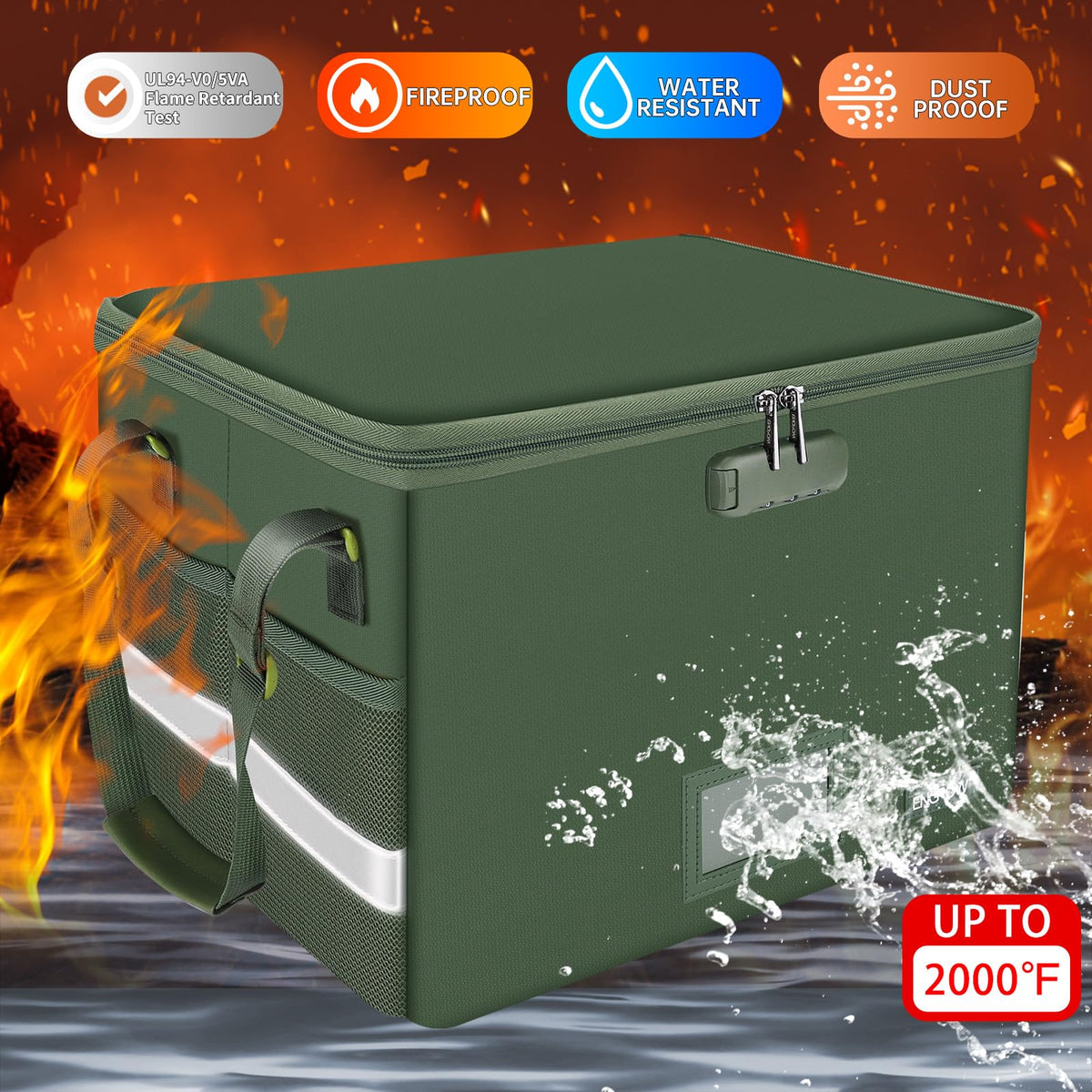 ENGPOW File Box with Lock, Fireproof Document Box with Zipper Lid, Collapsible File Storage
