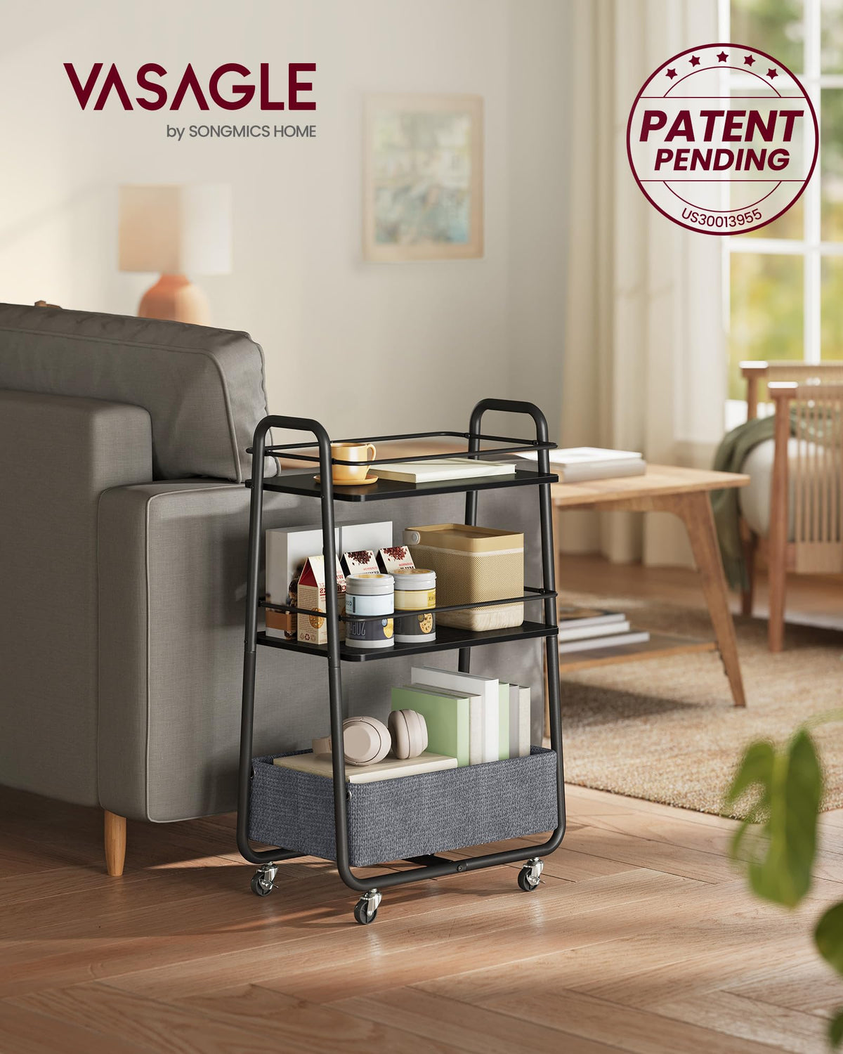 VASAGLE Storage Cart with Fabric Basket, 3-Tier Rolling Utility Cart