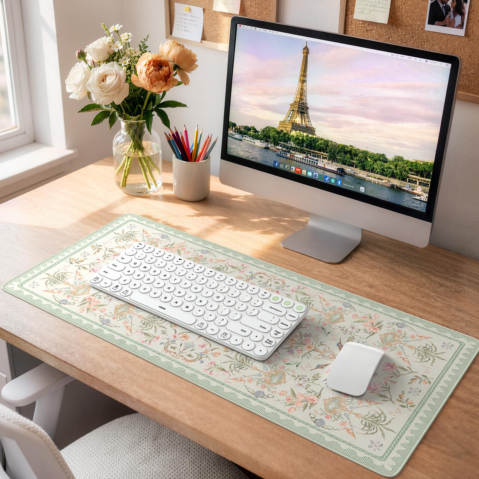 HAOCOO Green Floral Mouse Pad, 23.6" x 13.7" Keyboard Pad for Office Setup