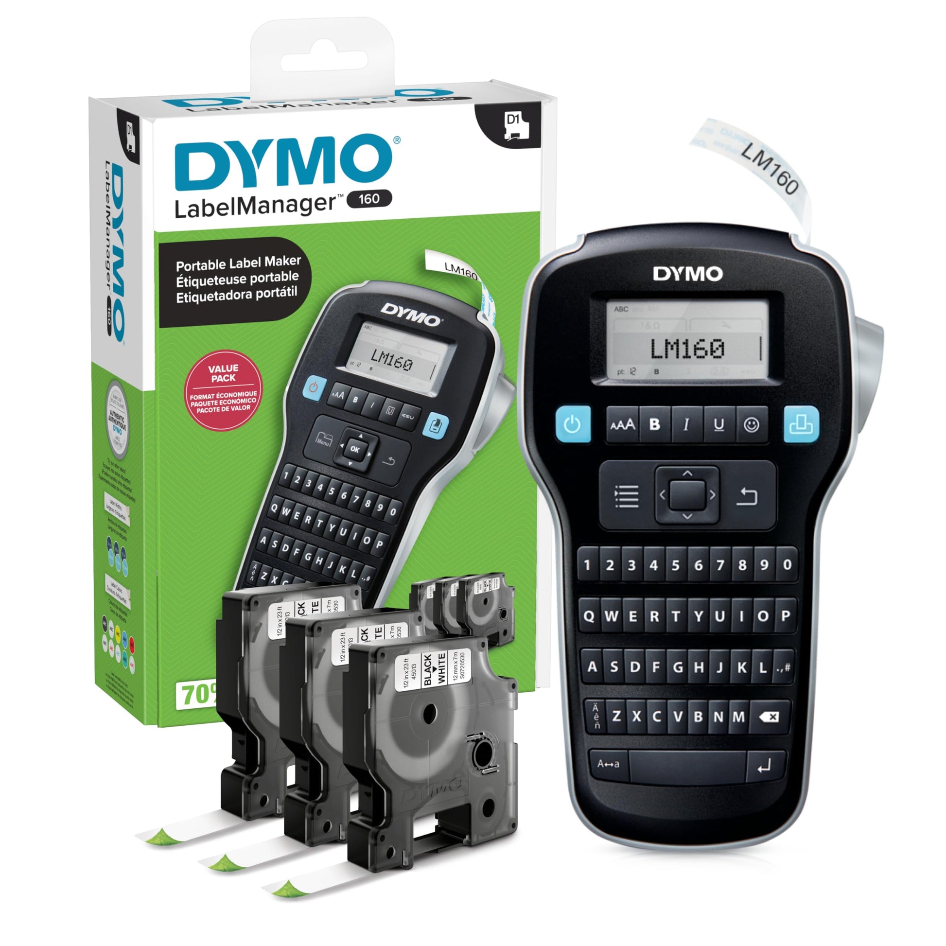 DYMO LabelManager 160 Label Maker Bundle with 3 D1 Label Cassettes, Portable Handheld, QWERTY