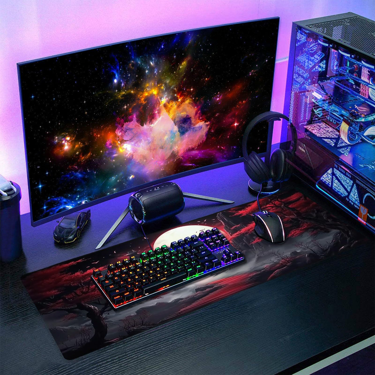 Black Red Japanese Mouse Pad XL Moon Sakura Cherry BLoosm Tree Extended Table Mat 80X30 cm Non-Slip