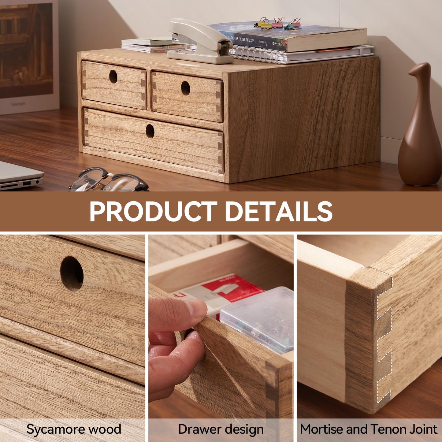 KIRIGEN Wood Desk Organizer with 3 Drawers, Desktop Storage Brown 23-DBR