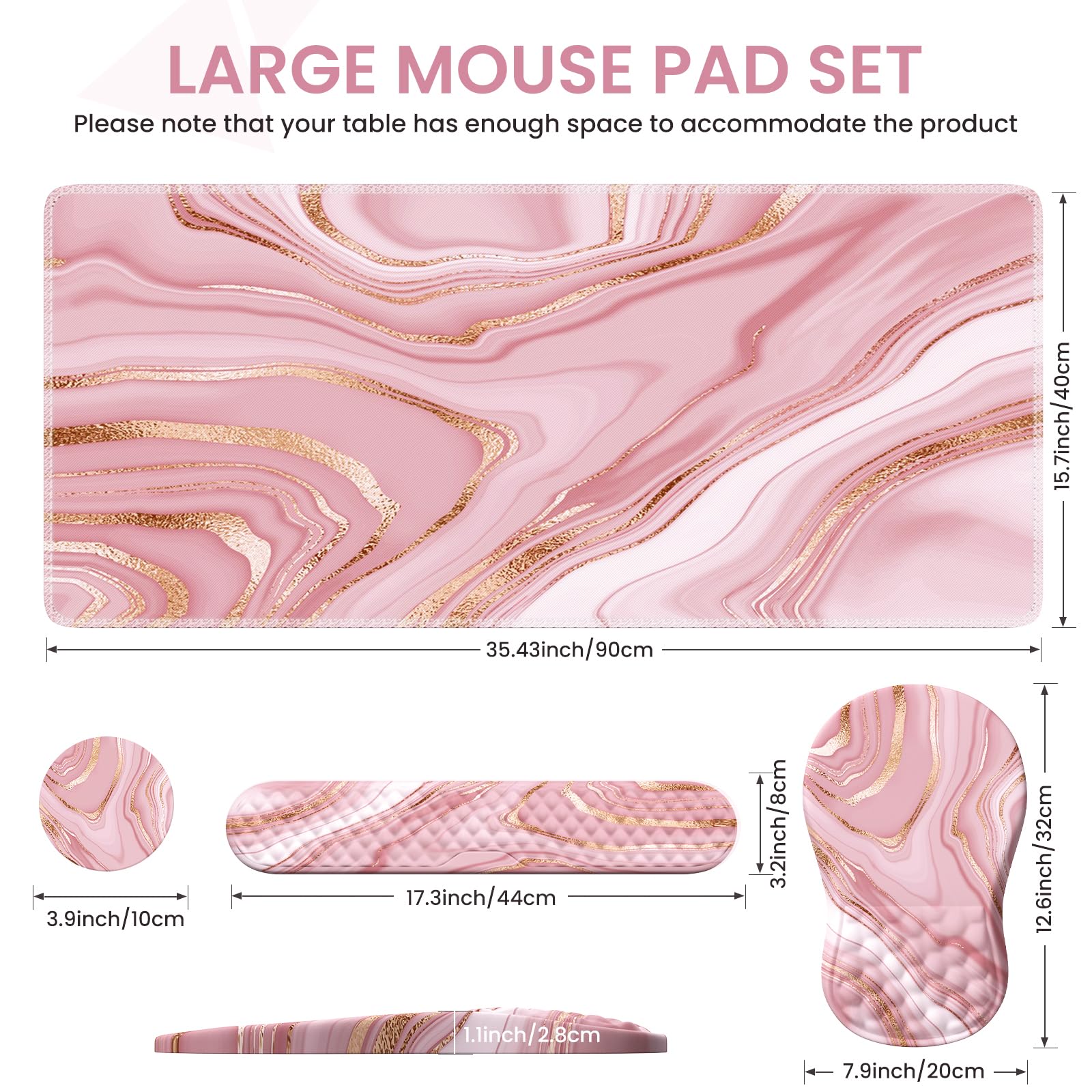 Anyshock Light Pink Desk Mat Set with Mouse Pad and Memory Foam Wrist Rest, Soft Mat for Mouse and
