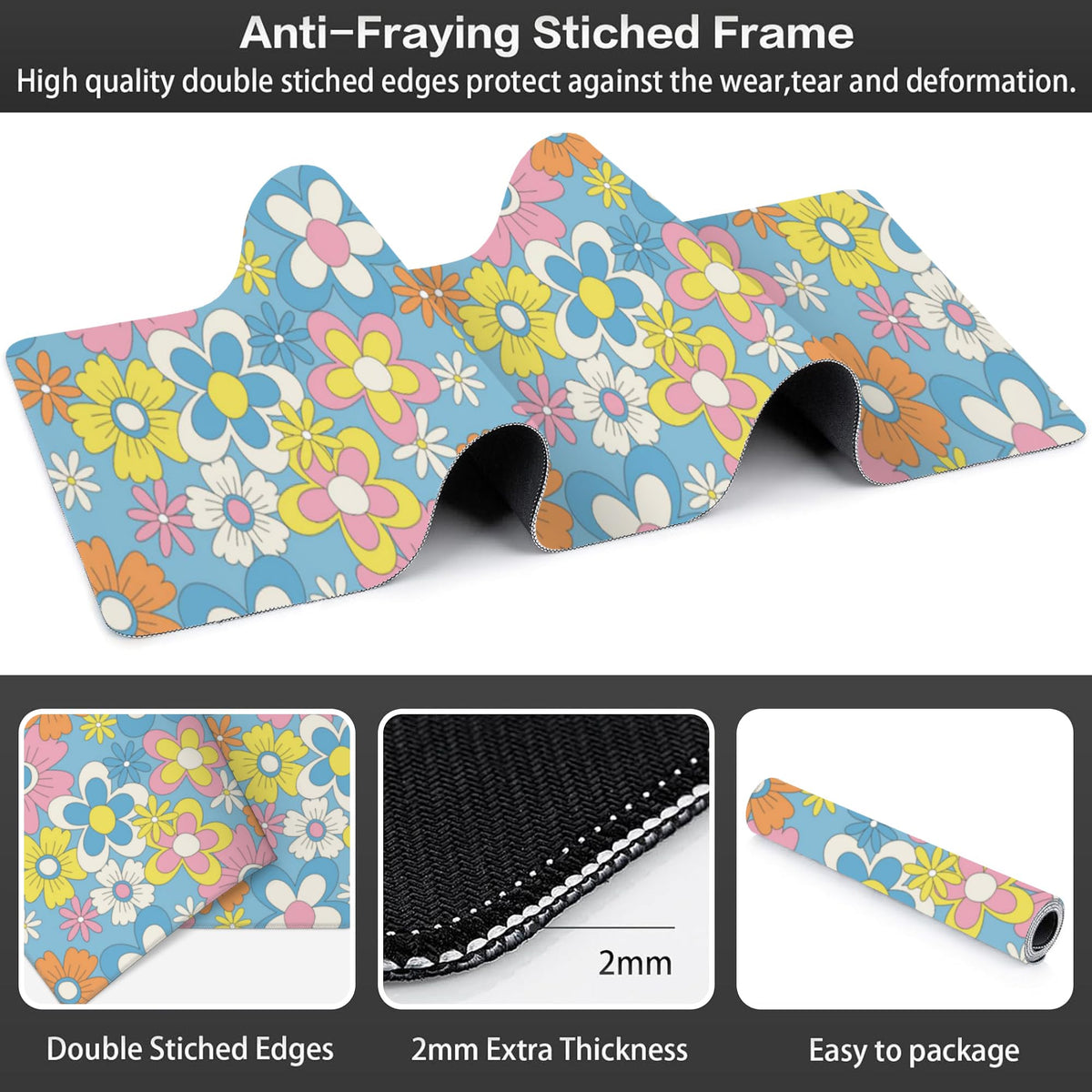 Colorful Retro Flowers Desk Mat,Large Cute Floral Gaming Keyboard Mouse Pad,Non-Slip Rubber Base