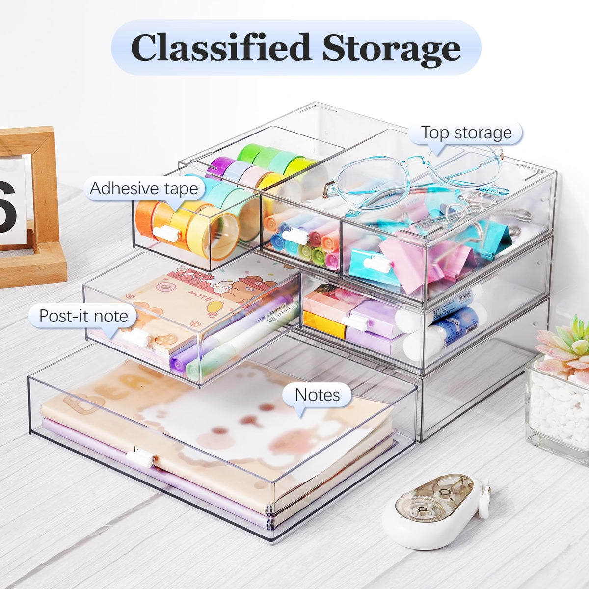 3 Tier Stackable Desk Organizer with 6 Drawers, YOCOMEY Plastic Desktop Storage Box Drawers