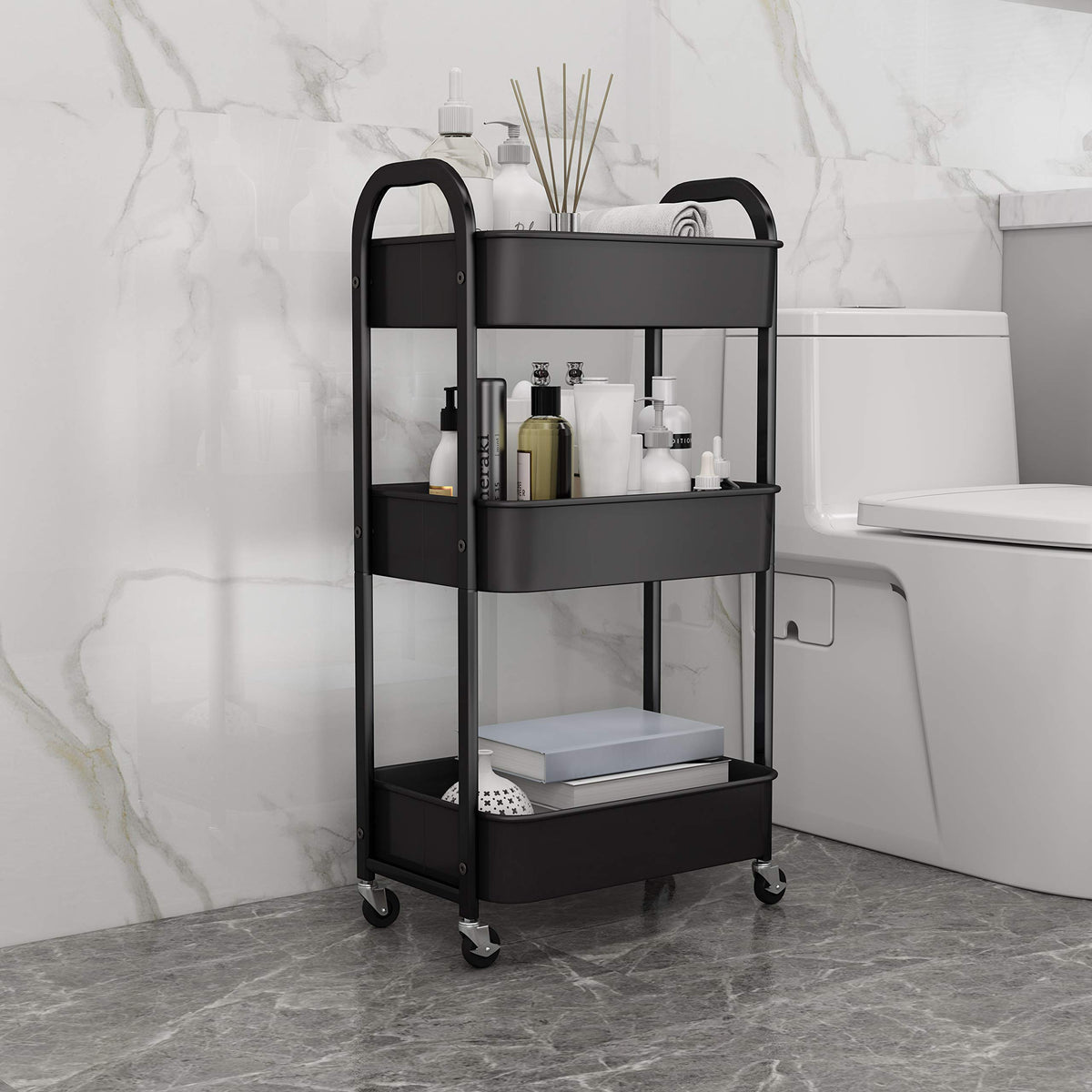 3-Tier Rolling Utility Cart with Caster Wheels Easy Assembly, Black