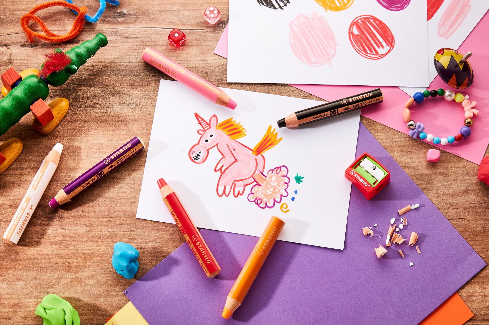 STABILO woody 3-in-1 - Multi-Talented Pencil - Pack of 6 - Birthday Edition - Unicorn - Assorted