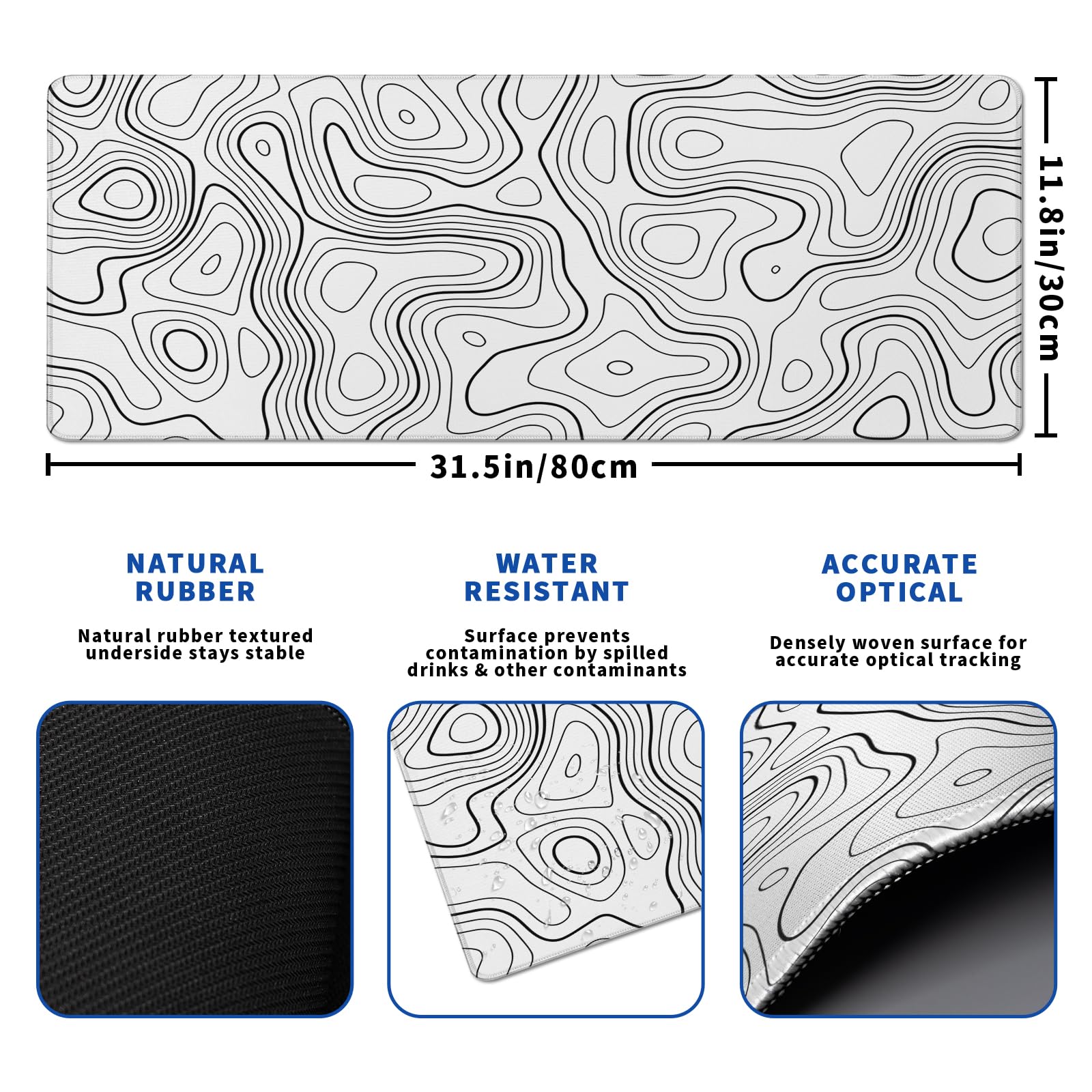 Topographic Contour Gaming Mouse Pad White Large Mouse Pad for Keyboard and Mousepad Desk Mat with