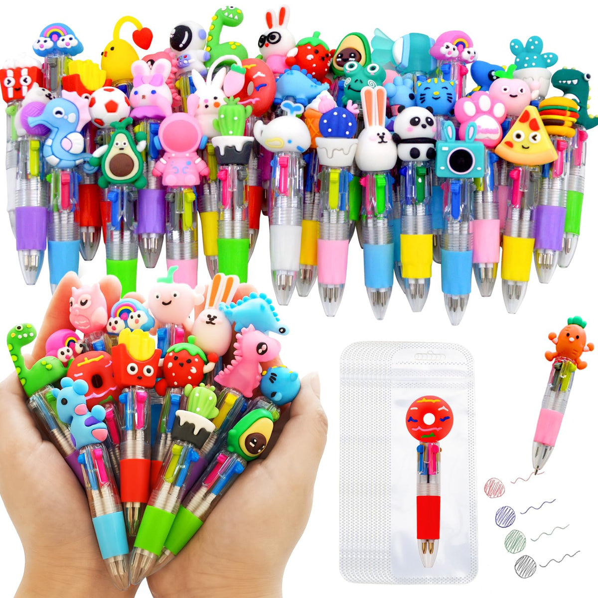 TOEMUR 100 PCS Multicolor Pen Set – 50 Cute Pens Bulk with 50 Pen Bags, Fun Pens for Party Favors
