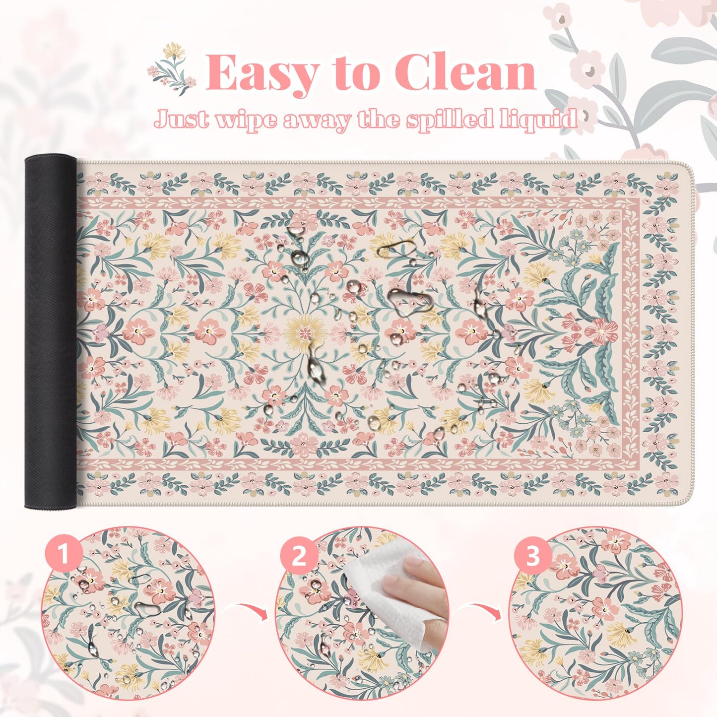HAOCOO Large Desktop Pad for Keyboard Mouse, Non-Slip Floral Desk Mat(Pink)