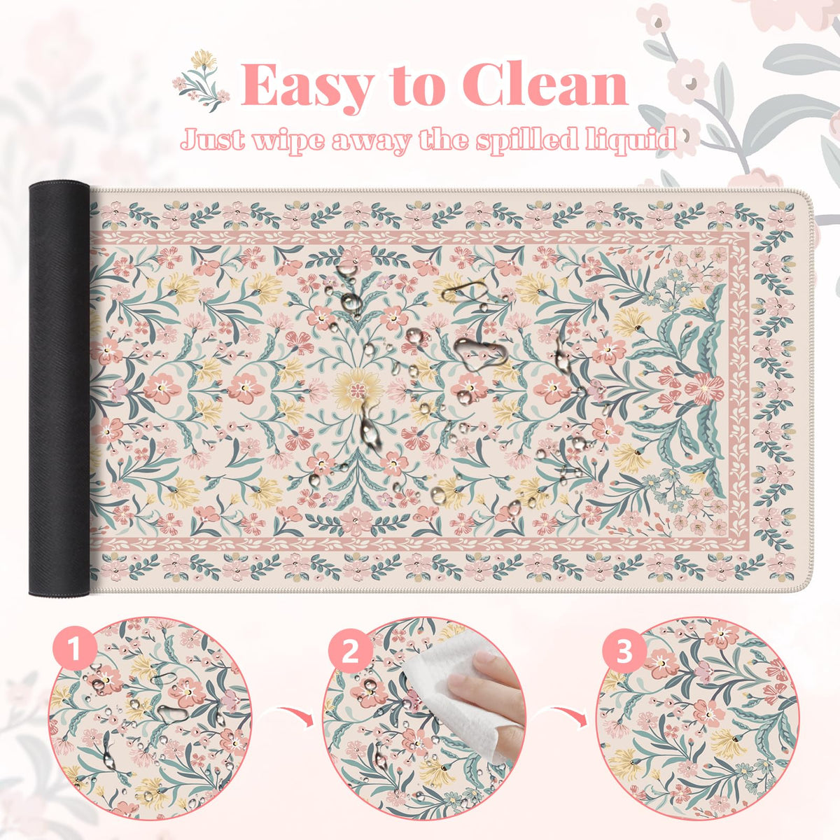 HAOCOO Large Desktop Pad for Keyboard Mouse, Non-Slip Floral Desk Mat(Pink)