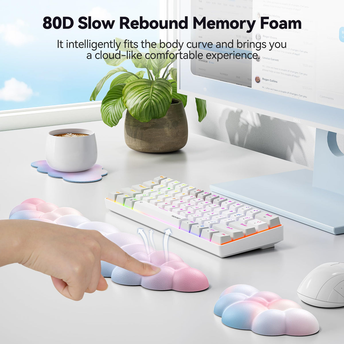 TECKNET Cloud Keyboard Wrist Rest Set, Cloud Wrist Rest with Non-Slip Base, PU Leather Wrist Pad