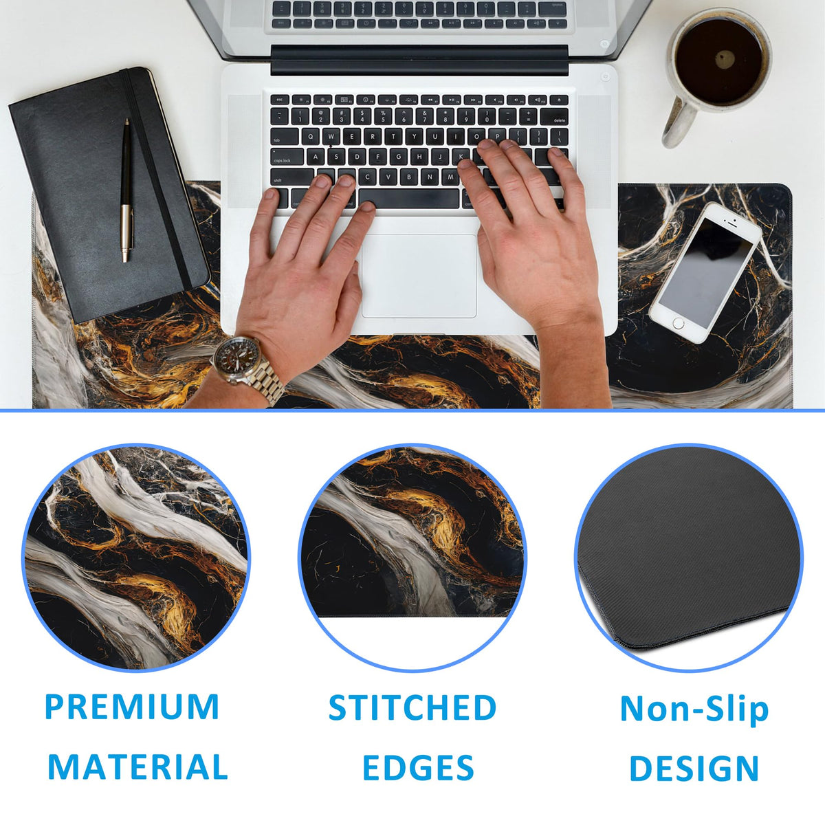 EOBKLAX Golden Black Marble Large Gaming Mouse Pad,Waterproof Desk Mat for Desktop,Non-Slip Rubber