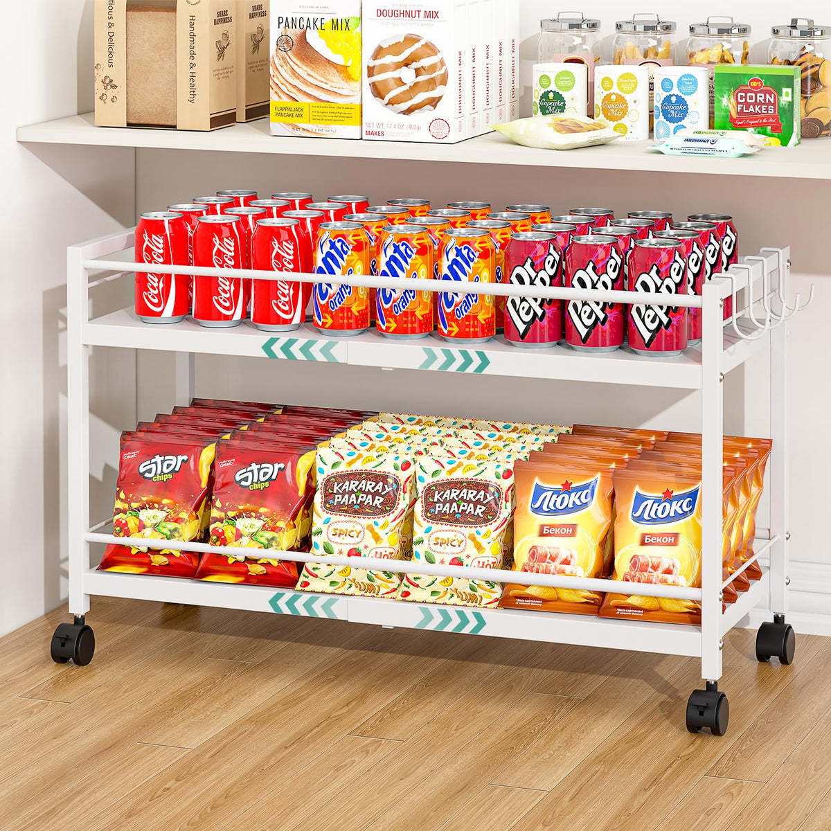 2-Tier Expandable Rolling Pantry Cart with Wheels, Adjustable Floor Organizer for Kitchen Pantry