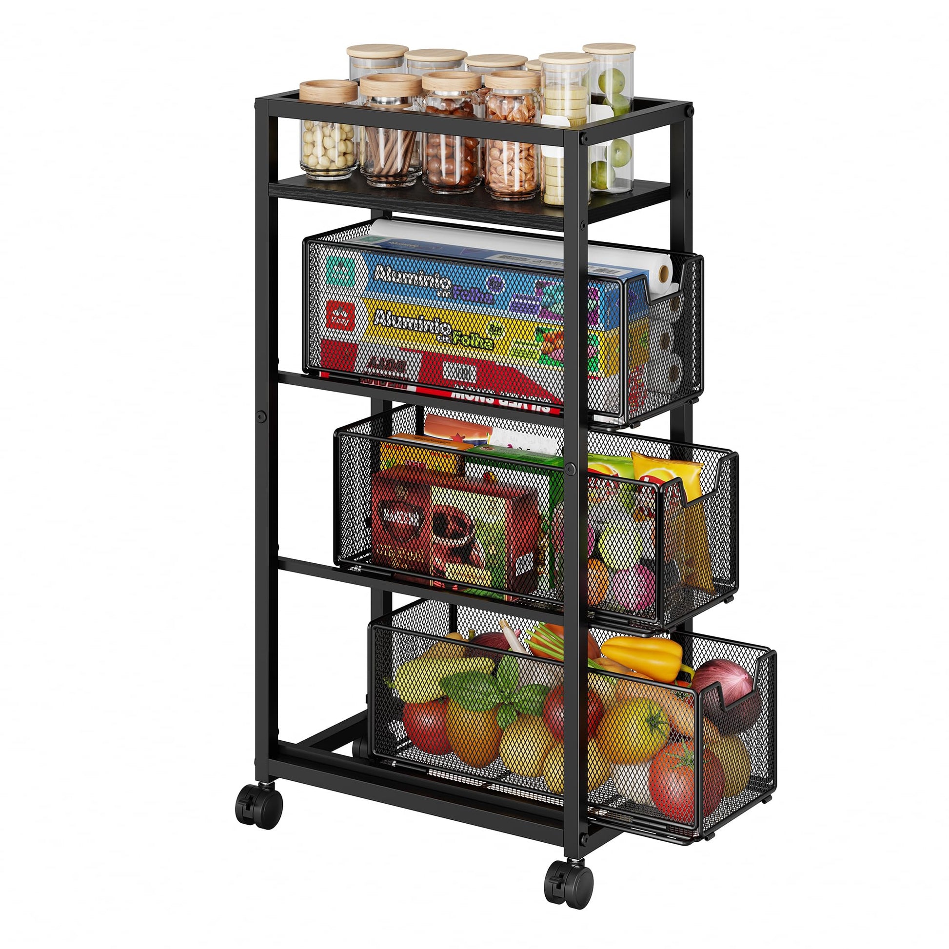 4 Tier Narrow Kitchen Rolling Cart, 9.1" Wide Slim Kitchen Storage Cart with Pull-Out Baskets