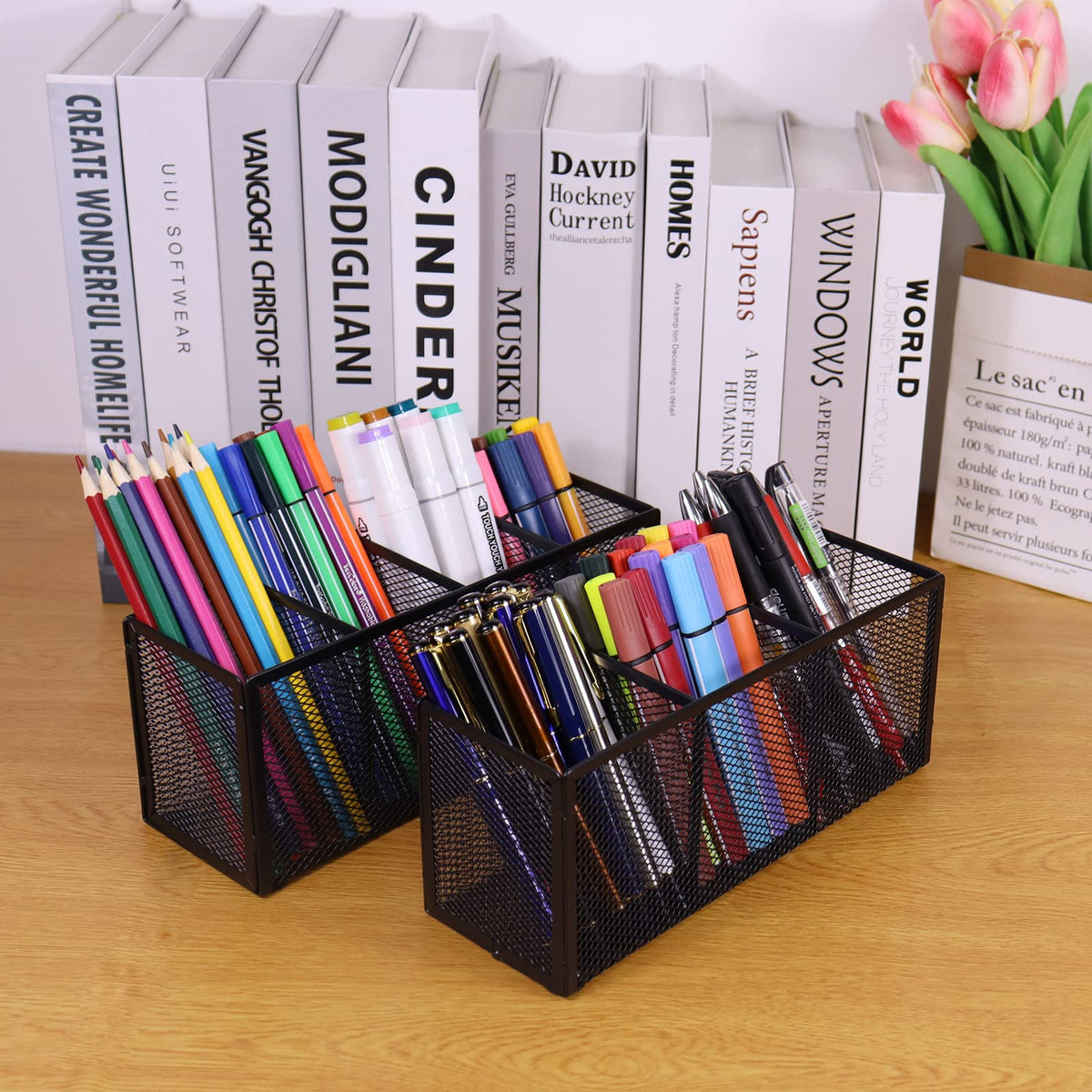 Flytreal 2PCS Black Mesh Pen Pencil Holder, Small Metal Desk Organizer Desktop Stationery Office