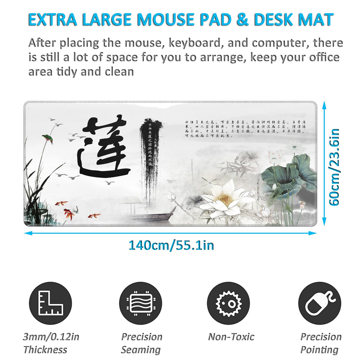 LL-COEUR XXL Landscape Gaming Mouse Pad Computer Keyboard Mat Office Desk Pad (Lotus 2, 55.1" x