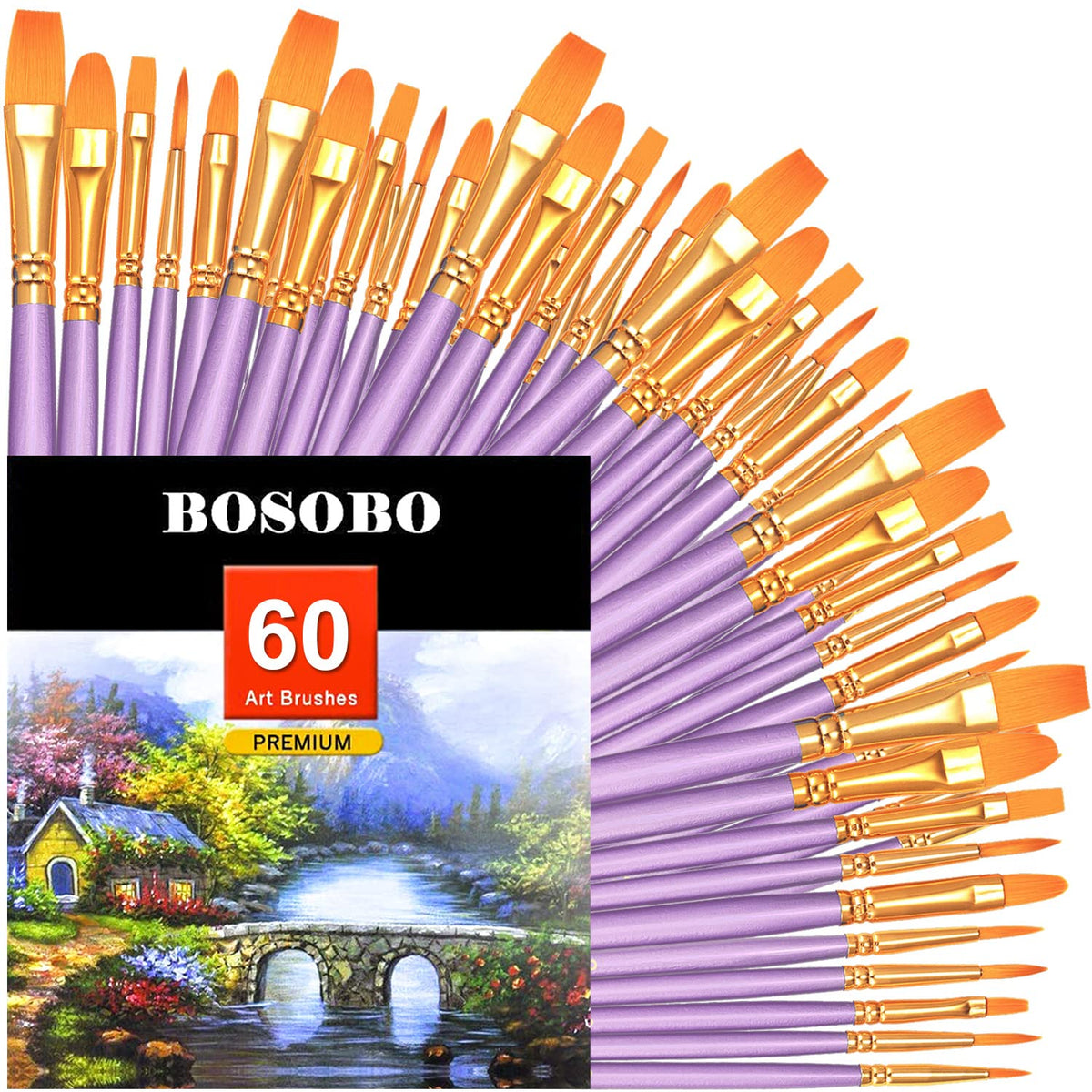 BOSOBO Paint Brushes Set, 6 Pack 60 Pcs Round Pointed Tip Paintbrushes Nylon Hair Artist Acrylic