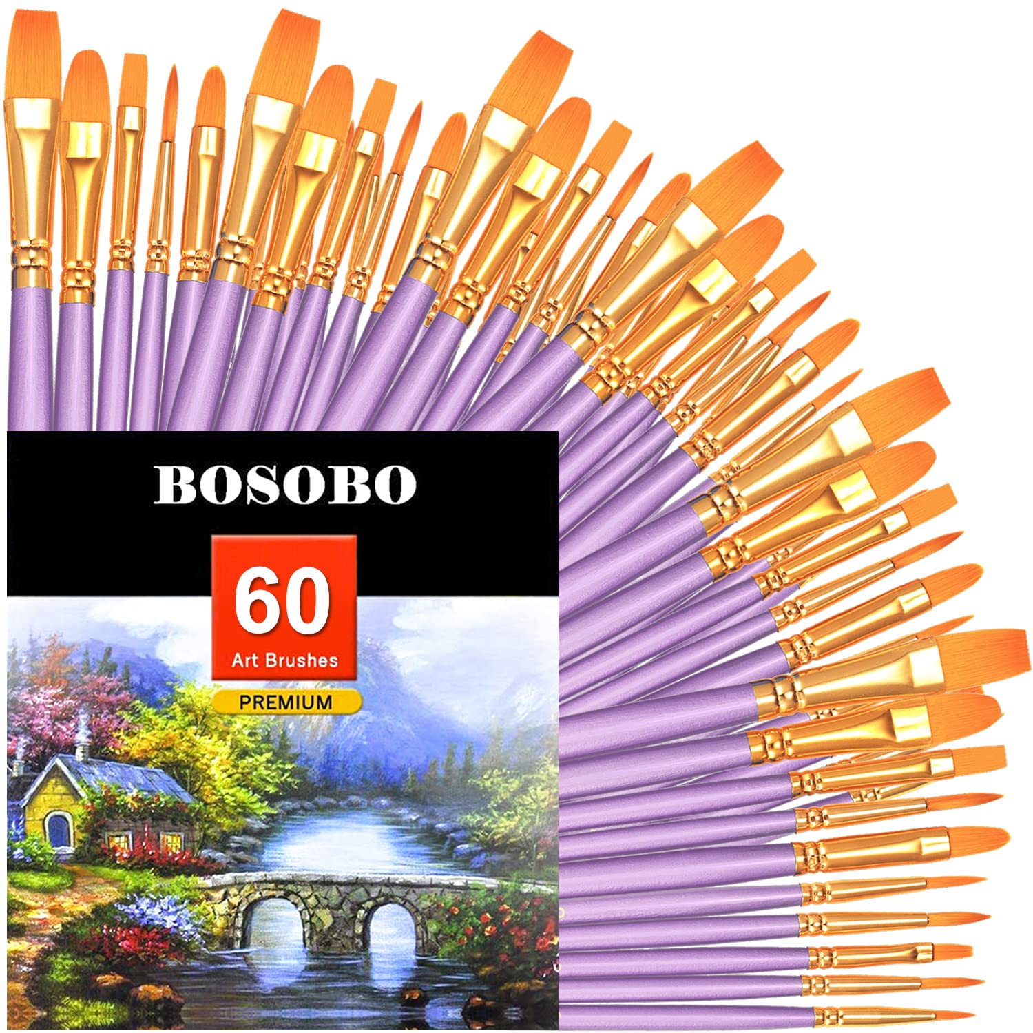 BOSOBO Paint Brushes Set, 6 Pack 60 Pcs Round Pointed Tip Paintbrushes Nylon Hair Artist Acrylic