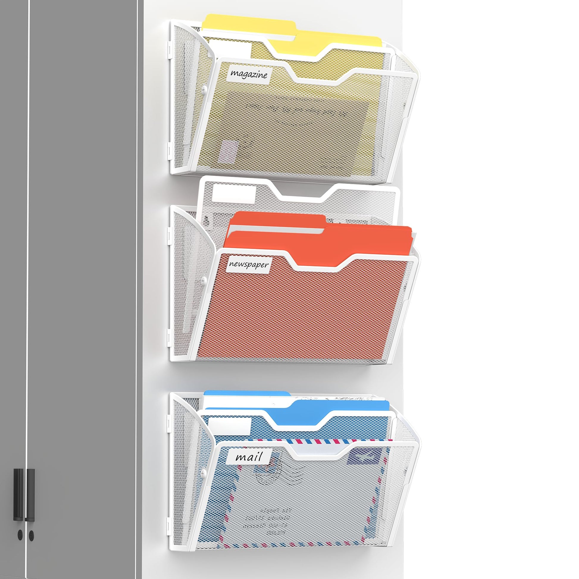 Docnest 3 Pack 2 Tier Dual-Mount Magnetic Mesh File Holders, Wall Organizer