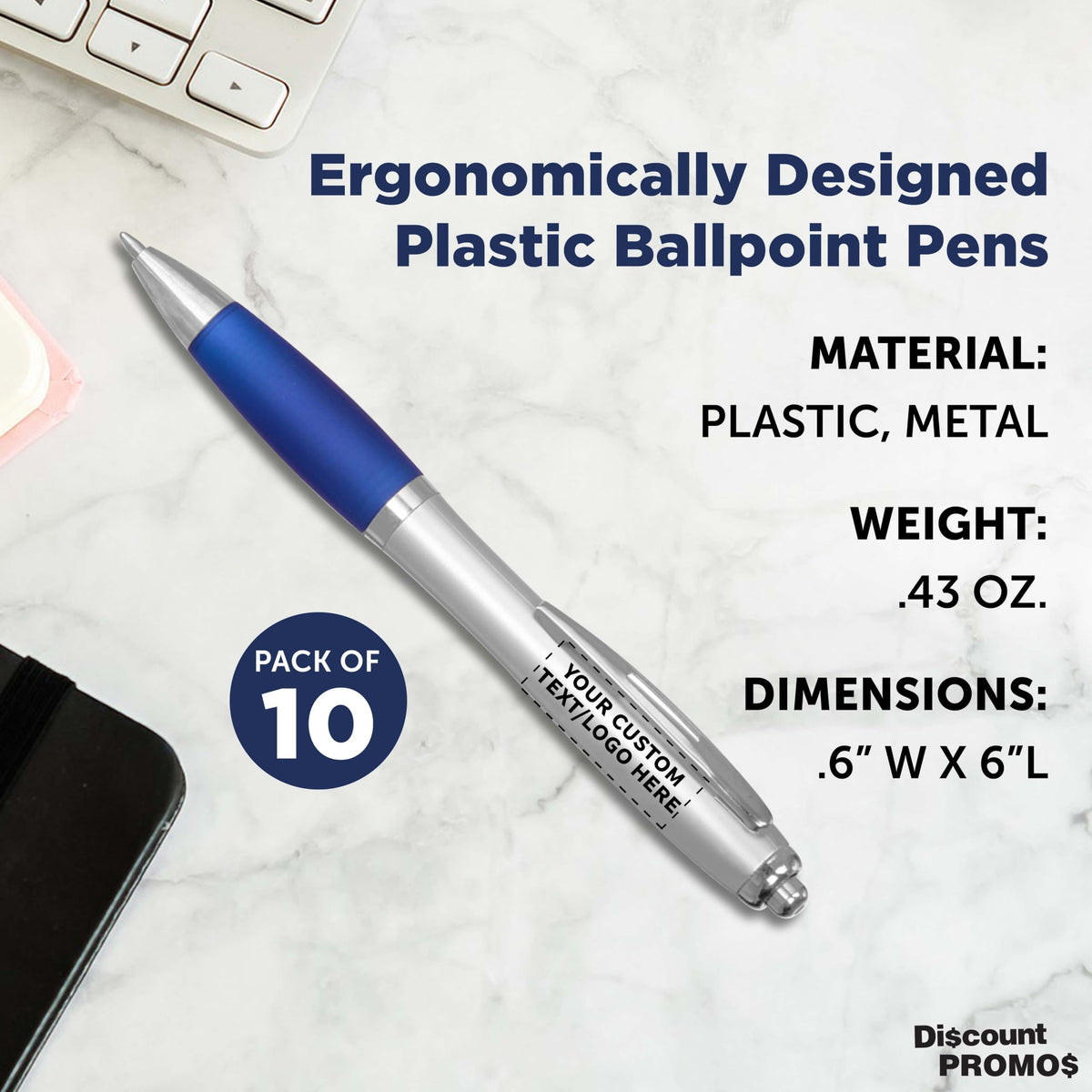 Personalized Ballpoint Pens with Rubber Grip and Click Button, Pack of 10 by DISCOUNT PROMOS