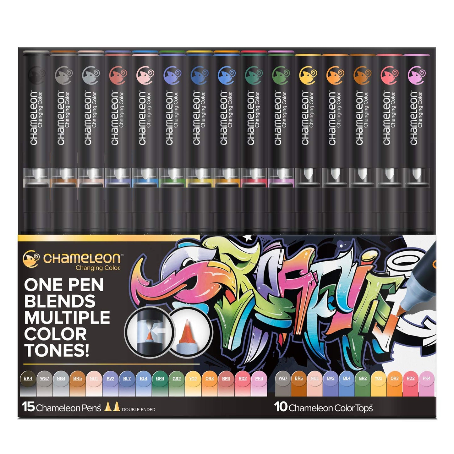 Chameleon Art Pens, 25-Pen Deluxe Set (15 Pens + 10 Color Tops) - Multicolor, 0.3mm Chisel Tip