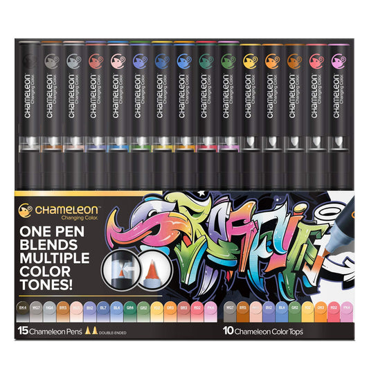 Chameleon Art Pens, 25-Pen Deluxe Set (15 Pens + 10 Color Tops) - Multicolor, 0.3mm Chisel Tip