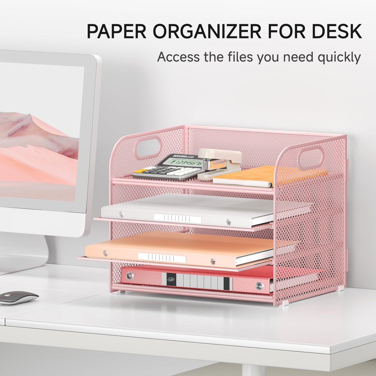 4-Tier Paper Organizer for Desk With Handle, Mesh Desktop File Tray, Office Classroom Organization