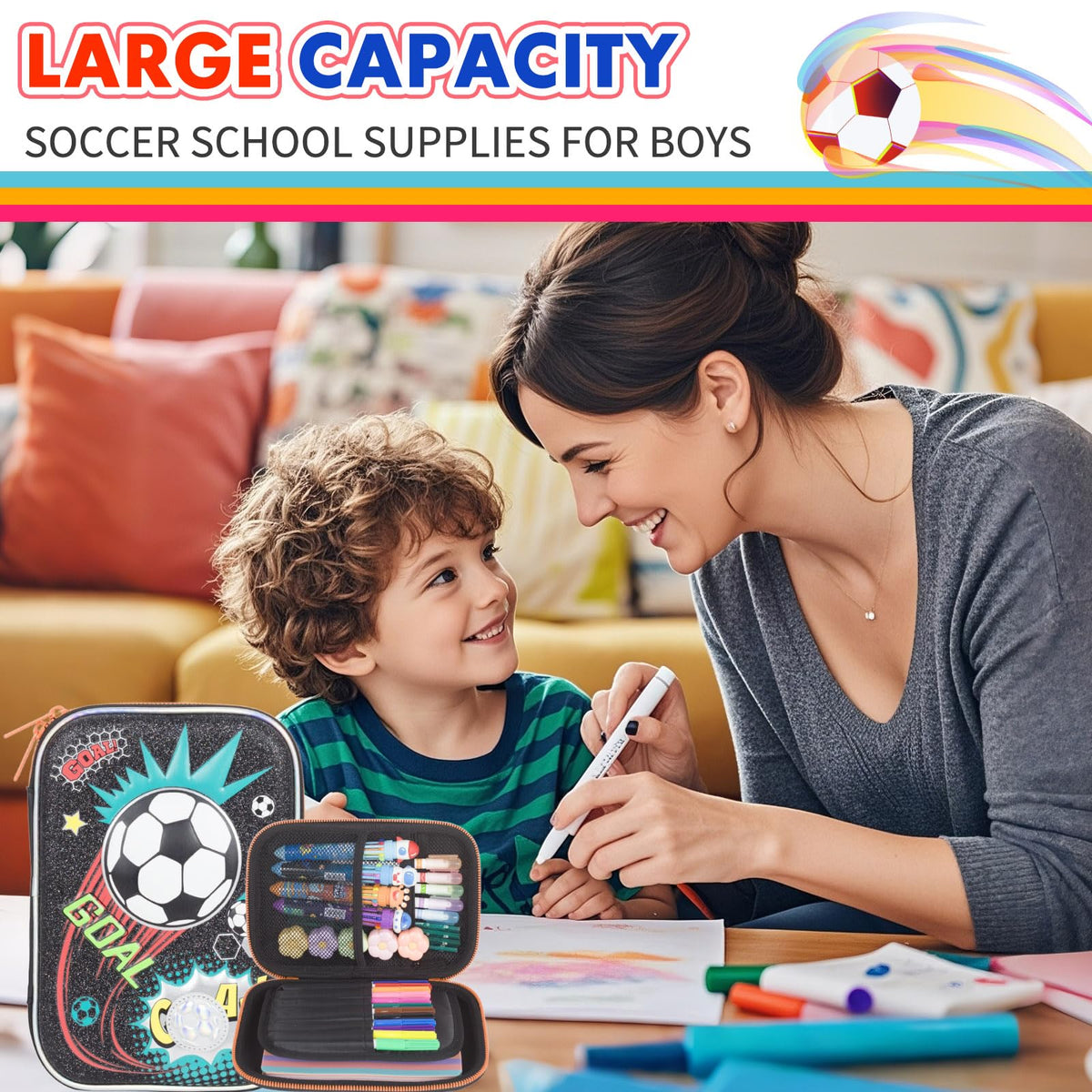 YOYTOO Soccer Pencil Case Stationery Set for Boys, 3D EVA Big Capacity Cute Pencil Pen Case Bag