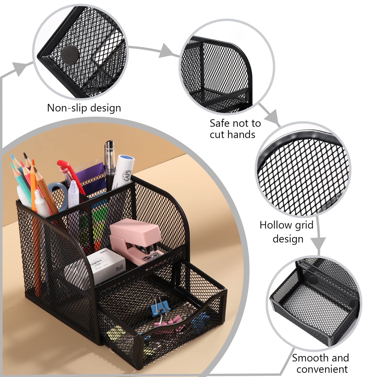 Vinabo Office Storage, Metal Mesh Desk Organizer, Desk Pencil Holder with 4 Sorting Compartments