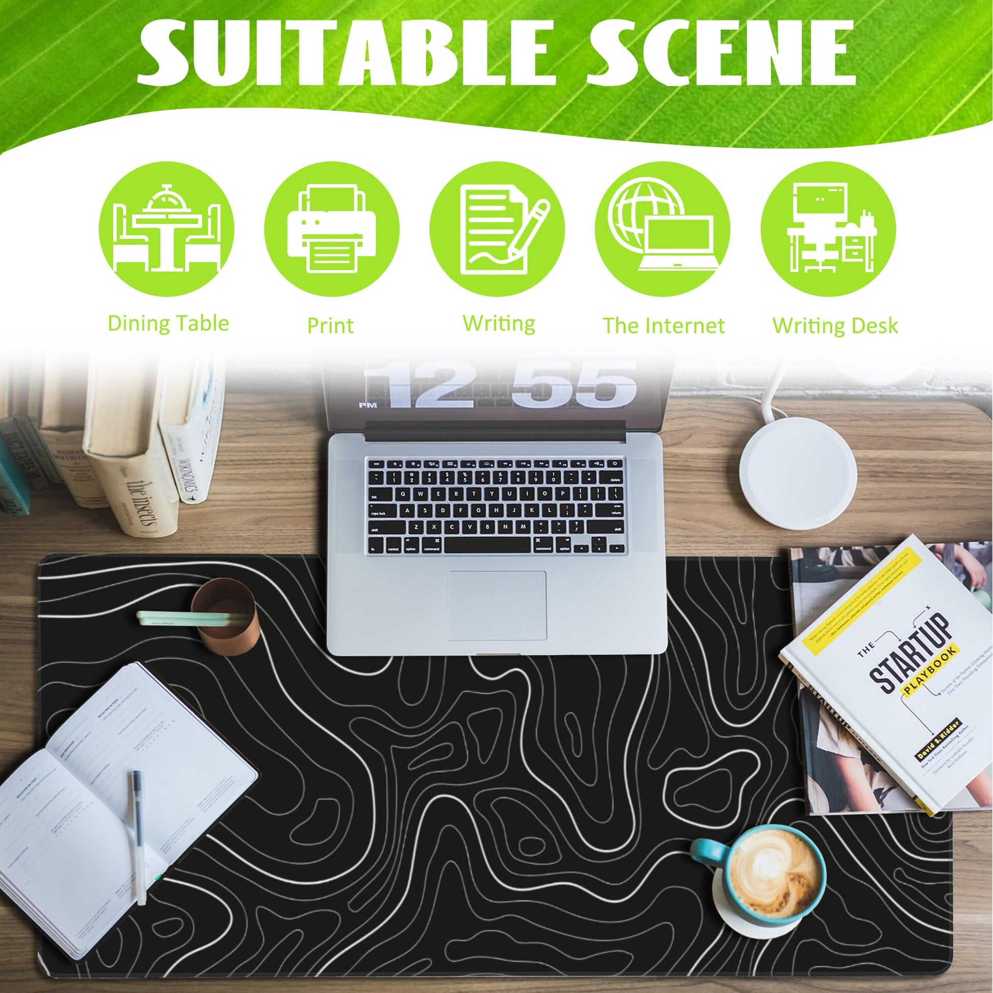 Eflxamz Desk Mat,Black Topographic Contour Map Desk Pad,Topographic Contour Large Gaming Mouse Pad