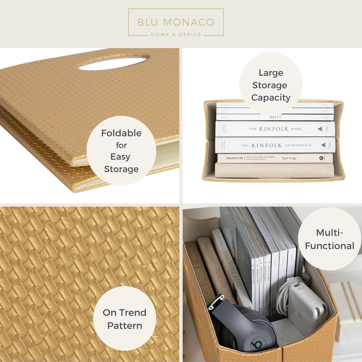 BLU MONACO | Gold Magazine Holder | Woven PVC Leather Organizer with MDF Frame | Floor or Table