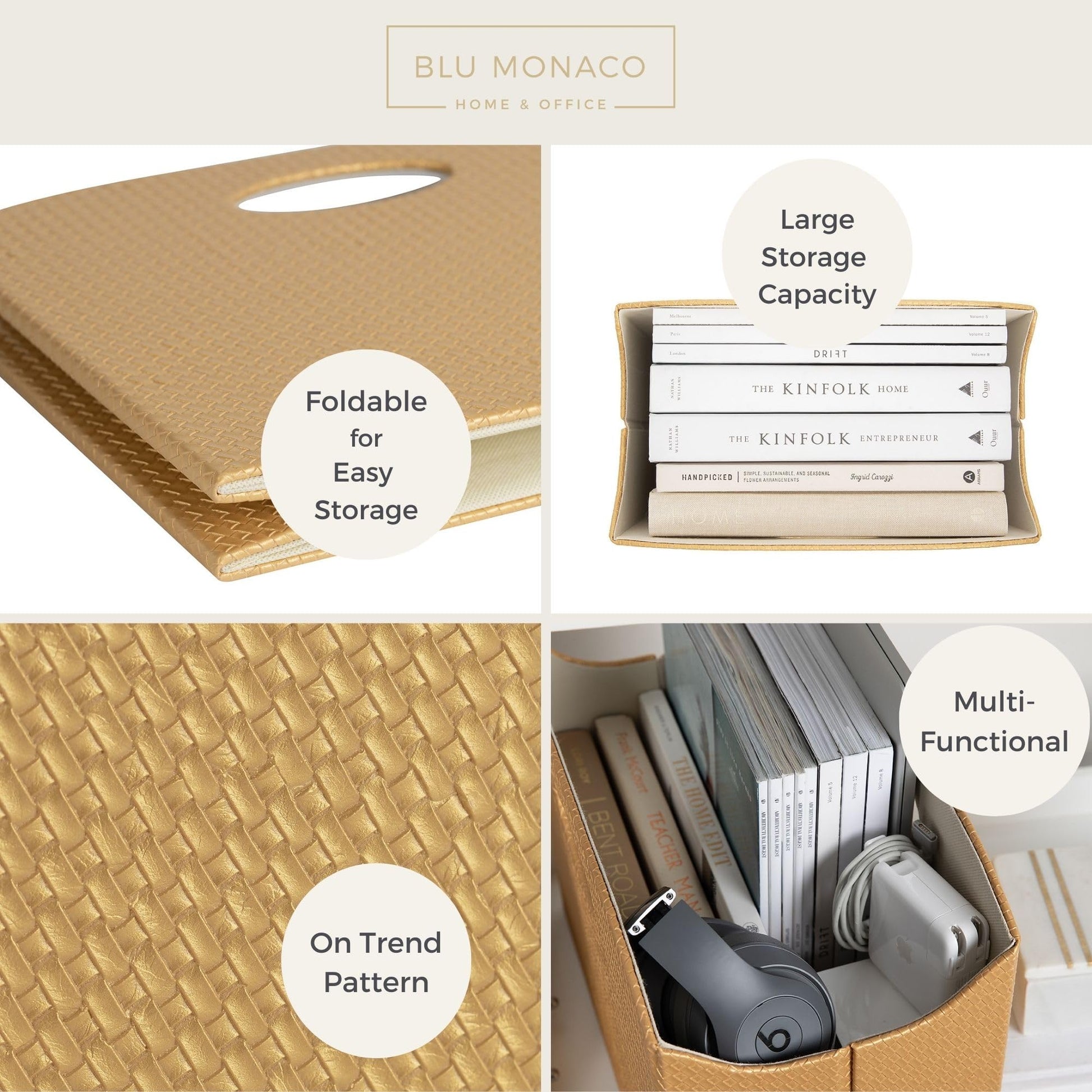 BLU MONACO | Gold Magazine Holder | Woven PVC Leather Organizer with MDF Frame | Floor or Table