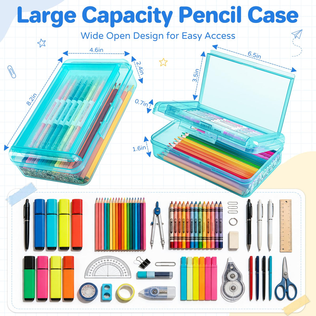 6 Pack Double Layer Plastic Hard Clear Color Pencil box Case for Girl Boy