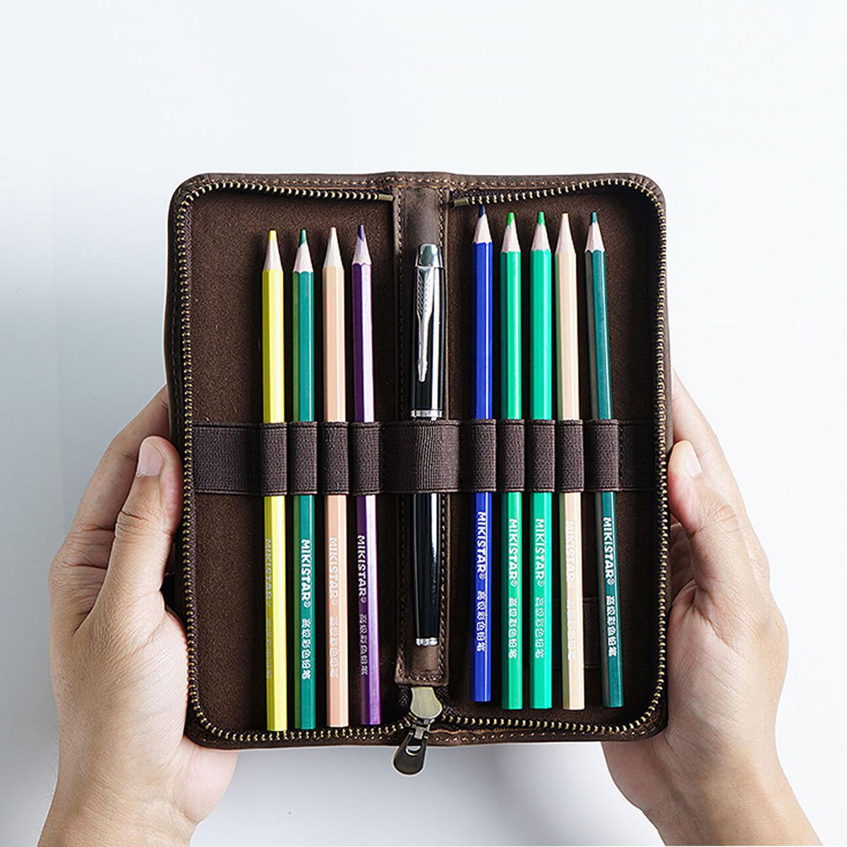 Leather Pencil Case Organizer 10 Slots, Portable Pouch for Fountain Pen