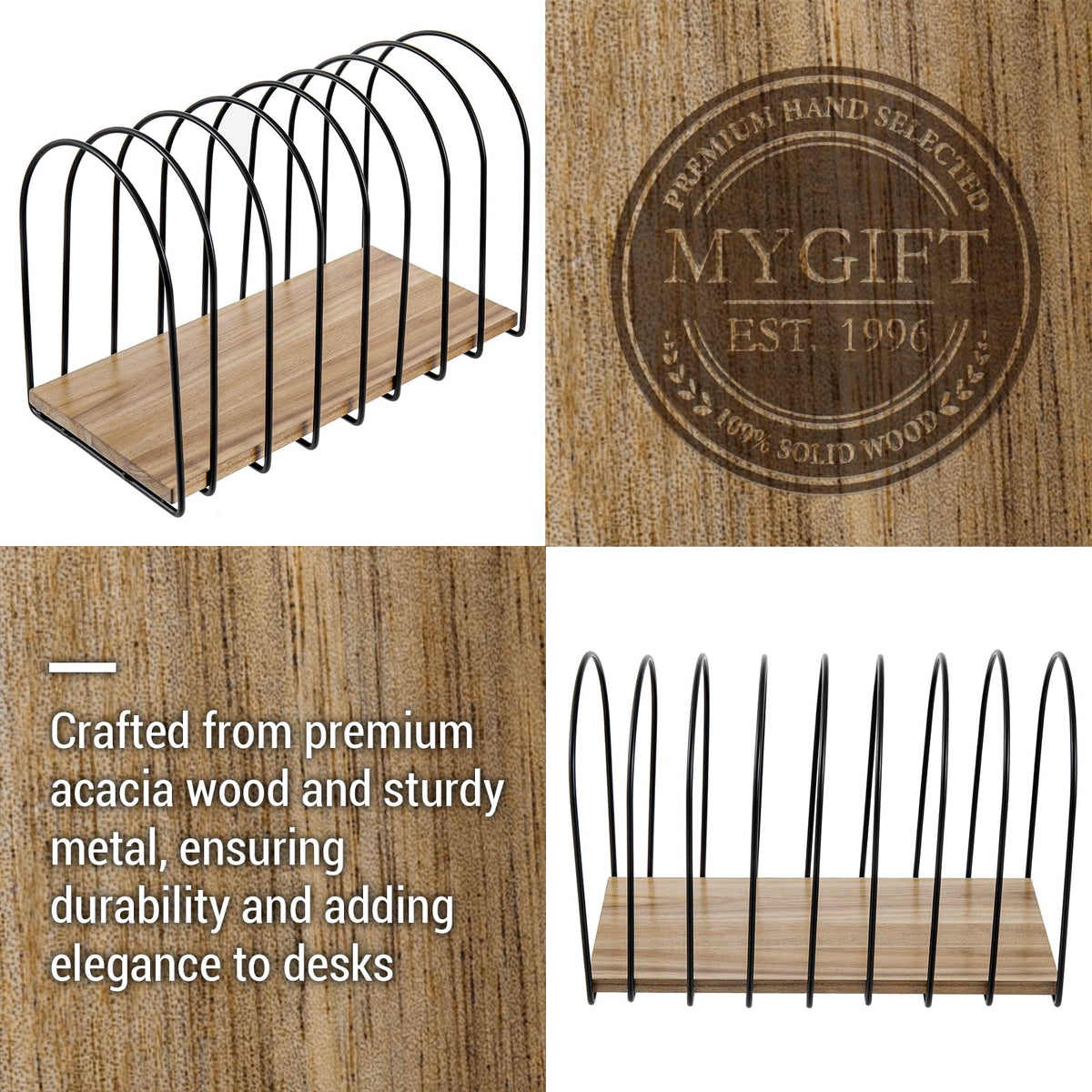 MyGift 14 Inch Large Desktop Document Holder, Premium Acacia Solid Wood and Black Metal Wire Arch 8