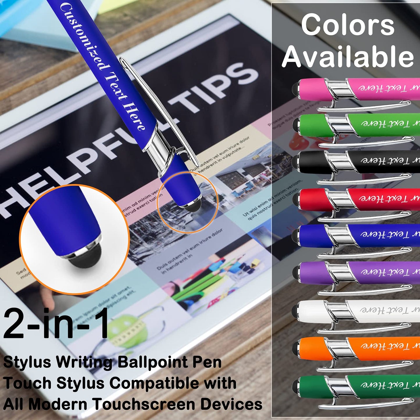 10 Pcs Personalized Pens in Bulk with Stylus Tip - Custom Print with Name 0.5 mm Soft Touch Medium