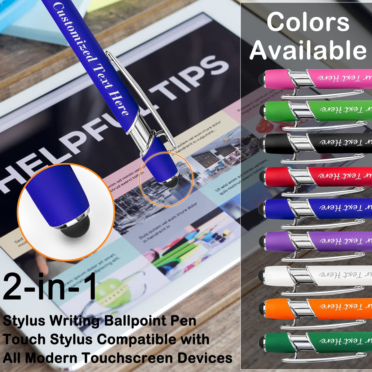 10 Pcs Personalized Pens in Bulk with Stylus Tip - Custom Print with Name 0.5 mm Soft Touch Medium